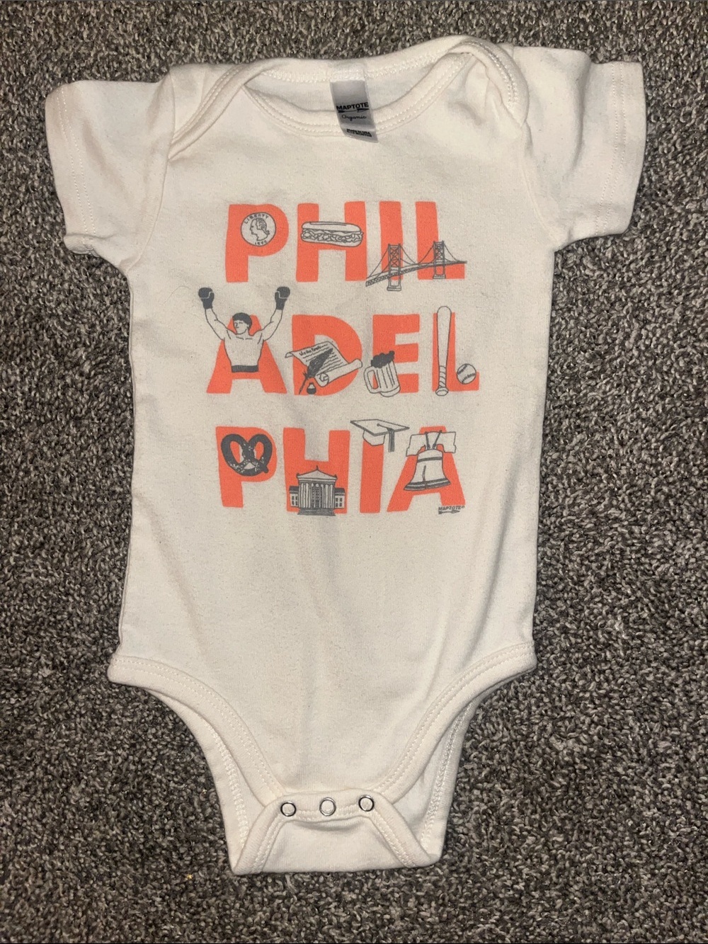 White Kids One-Piece Bodysuit with Orange 'Philadelphia' Graphic